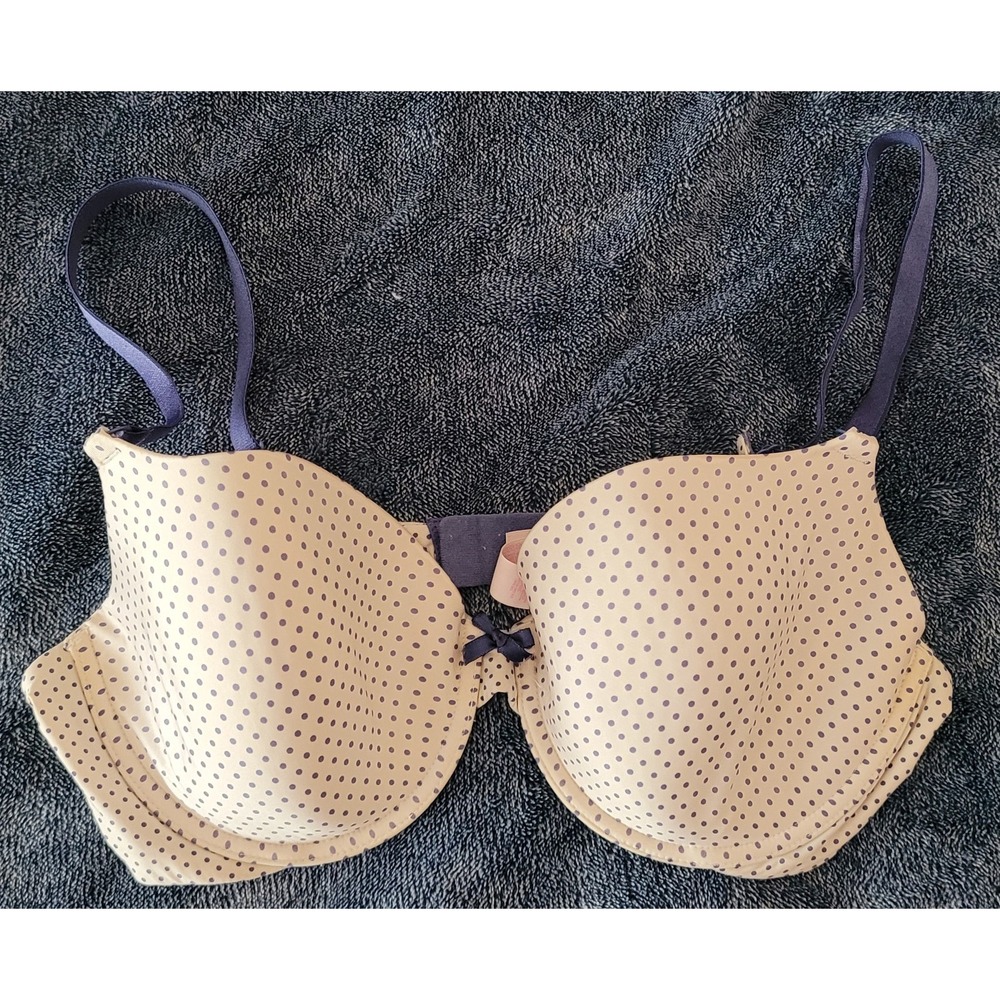 Victoria's Secret Bra 38C Polka Dot Beige Navy Push Up T-Shirt Underwire